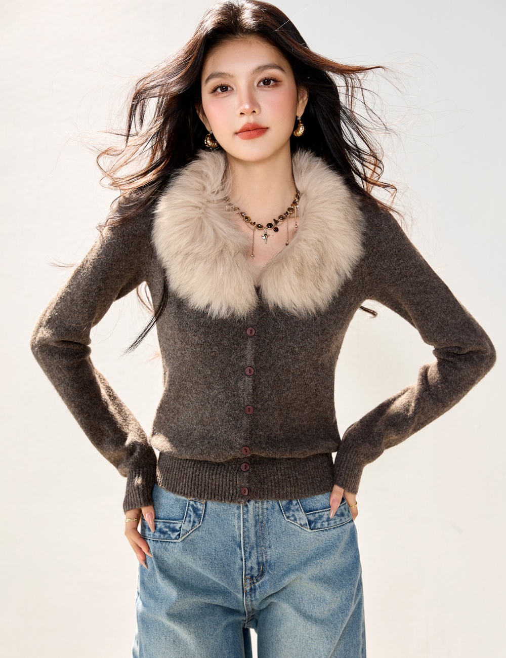 Fur collar autumn and winter cardigan slim coat