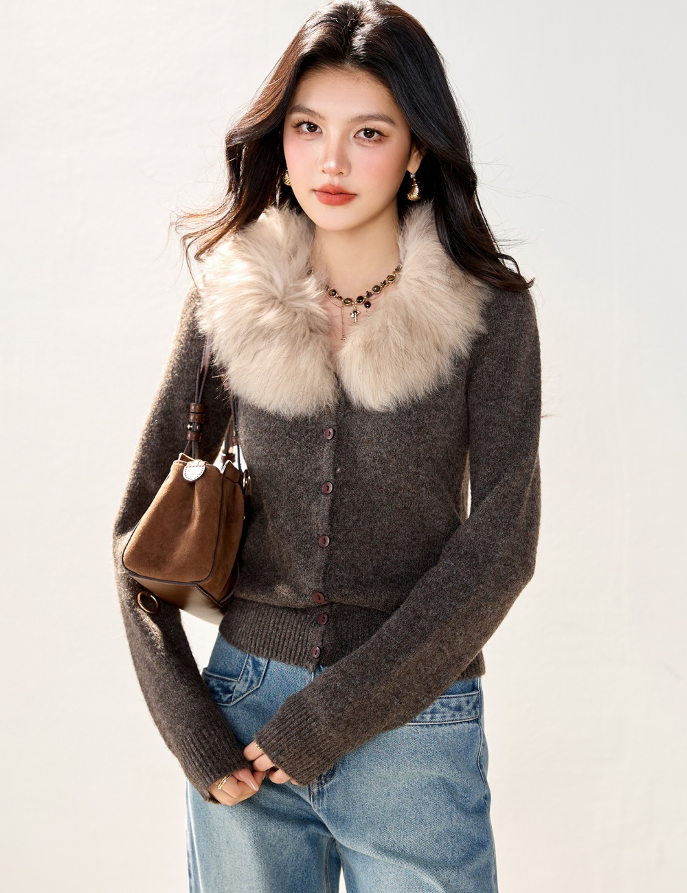 Fur collar autumn and winter cardigan slim coat