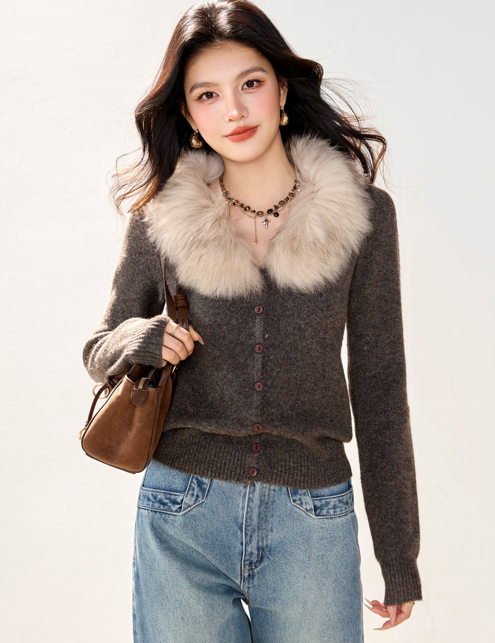 Fur collar autumn and winter cardigan slim coat