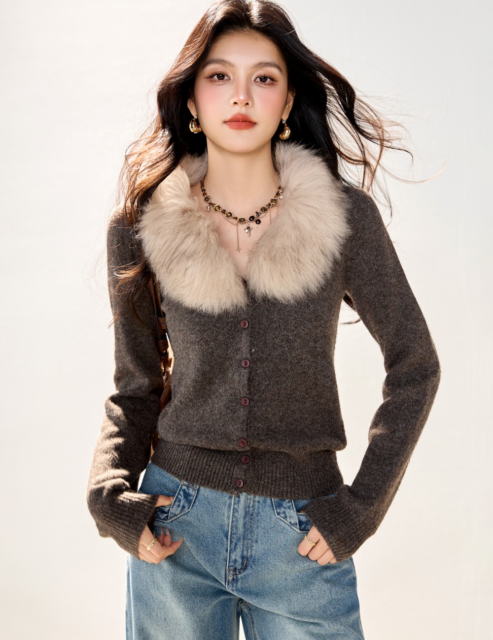 Fur collar autumn and winter cardigan slim coat