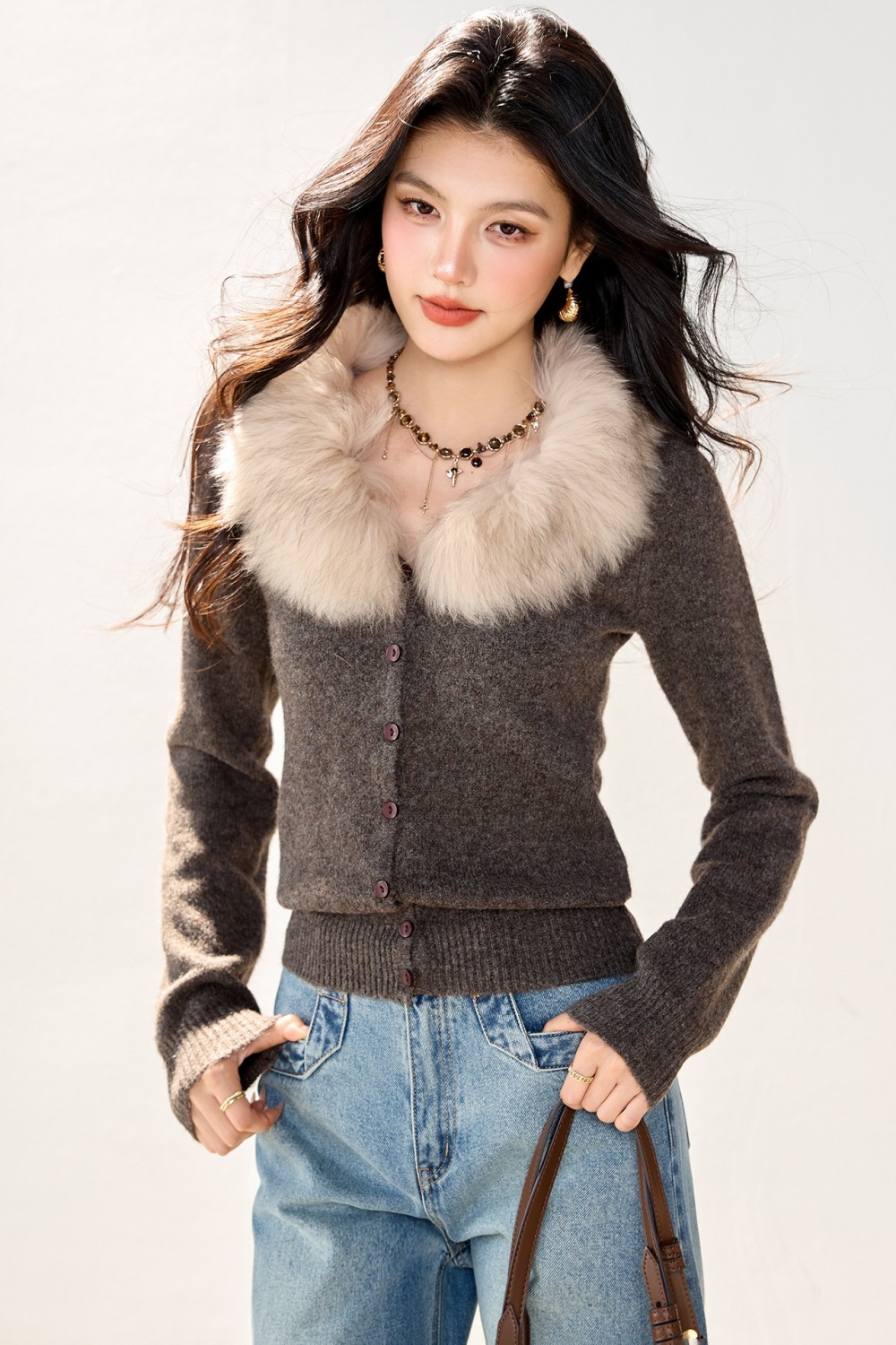 Fur collar autumn and winter cardigan slim coat