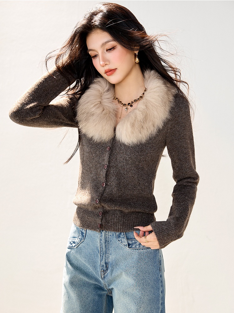 Fur collar autumn and winter cardigan slim coat