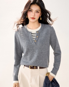 Stripe lazy sweater Pseudo-two autumn and winter tops