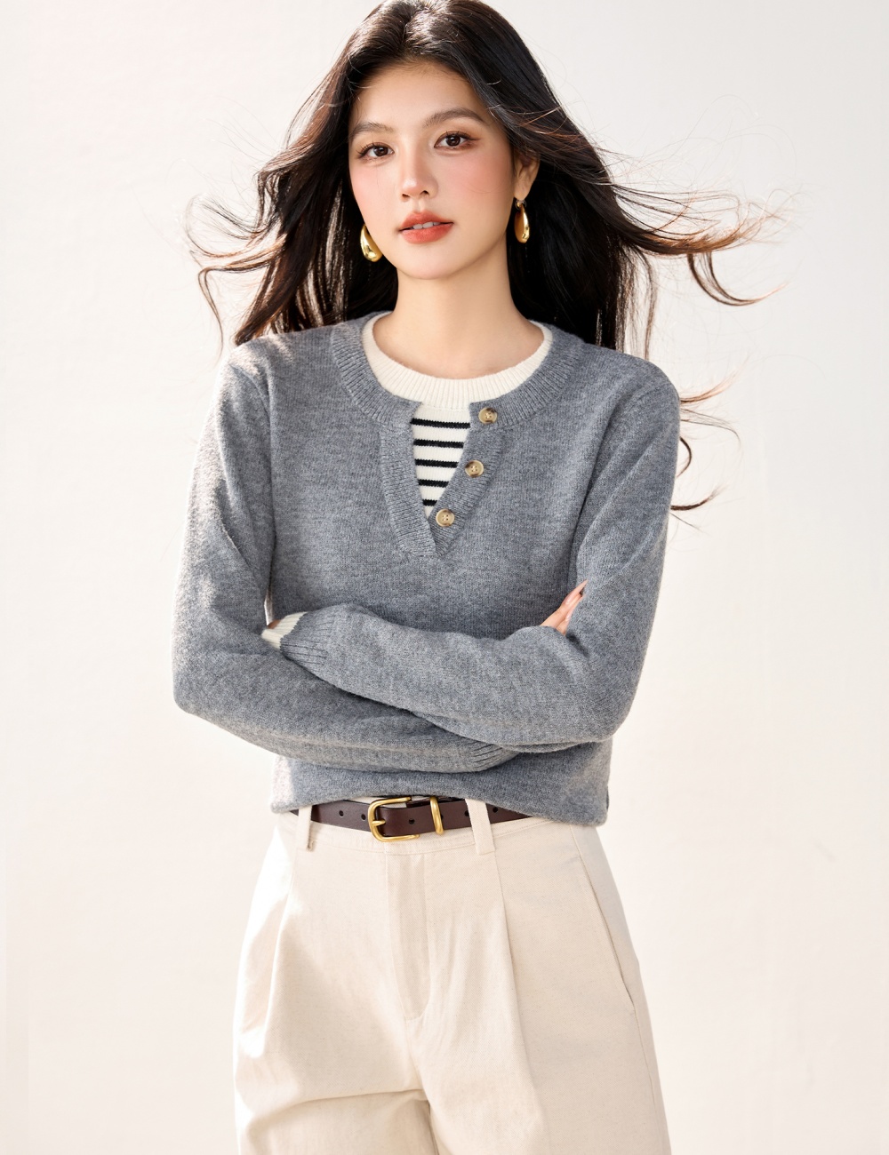 Stripe lazy sweater Pseudo-two autumn and winter tops