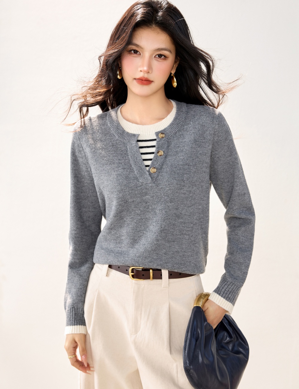 Stripe lazy sweater Pseudo-two autumn and winter tops