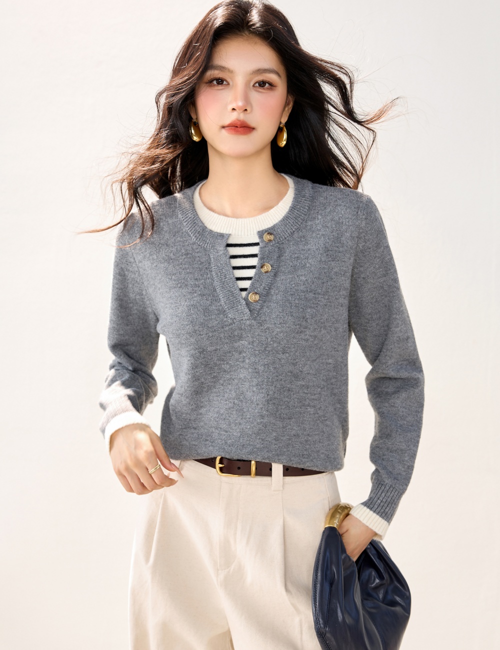 Stripe lazy sweater Pseudo-two autumn and winter tops