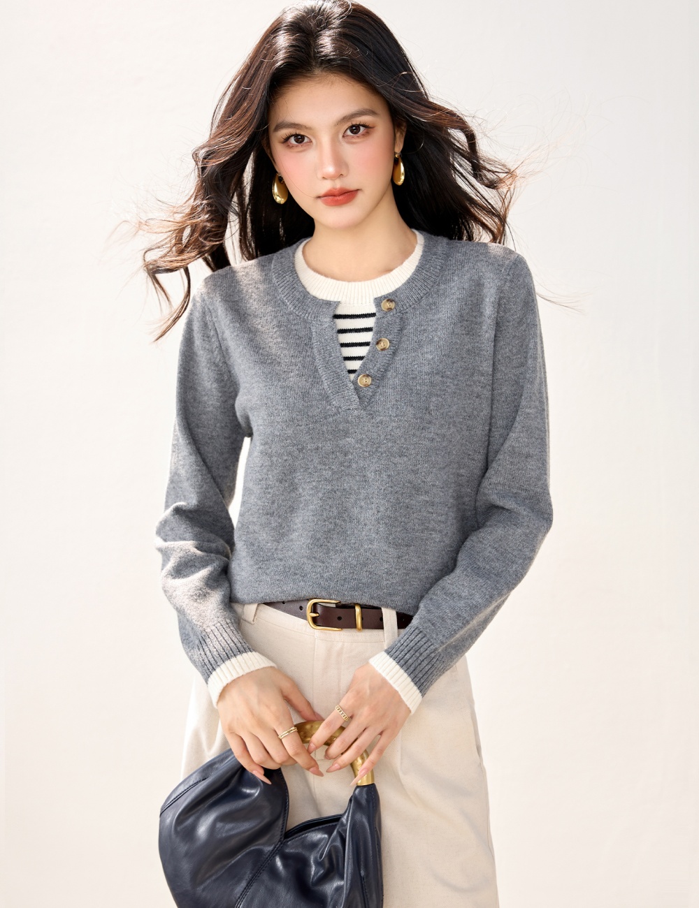 Stripe lazy sweater Pseudo-two autumn and winter tops