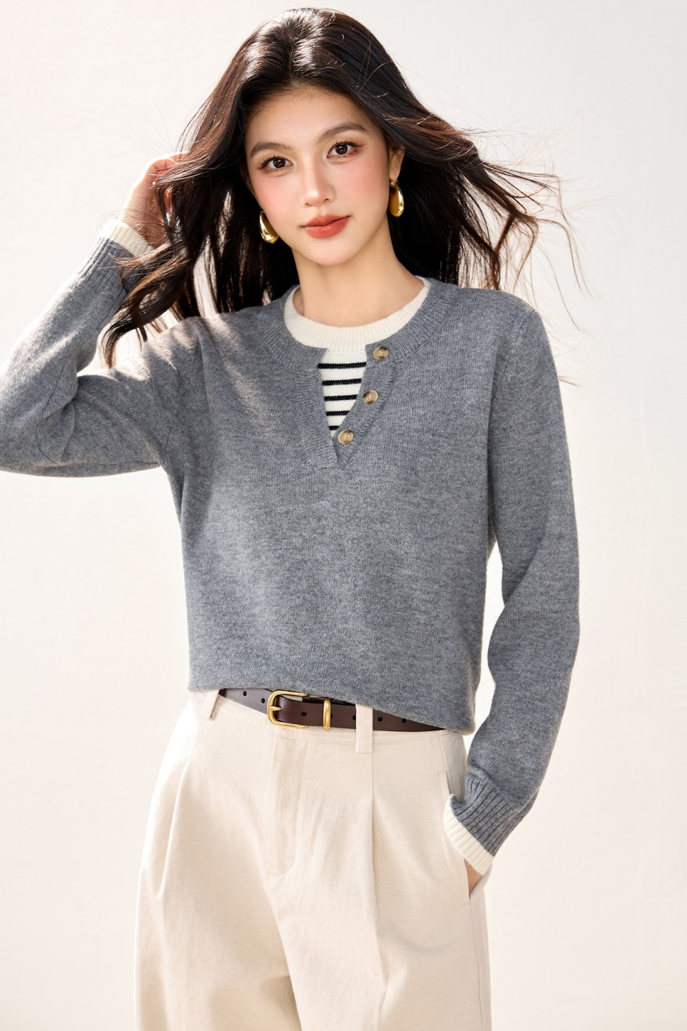 Stripe lazy sweater Pseudo-two autumn and winter tops