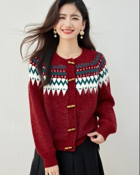 Christmas mixed colors horn buckle retro sweater for women
