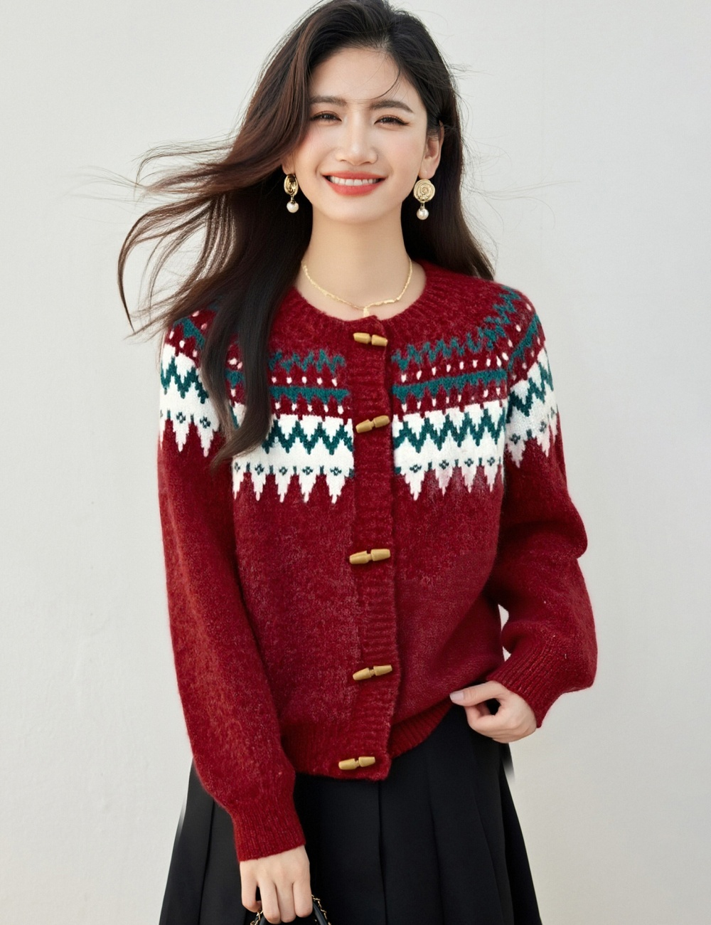 Christmas mixed colors horn buckle retro sweater for women