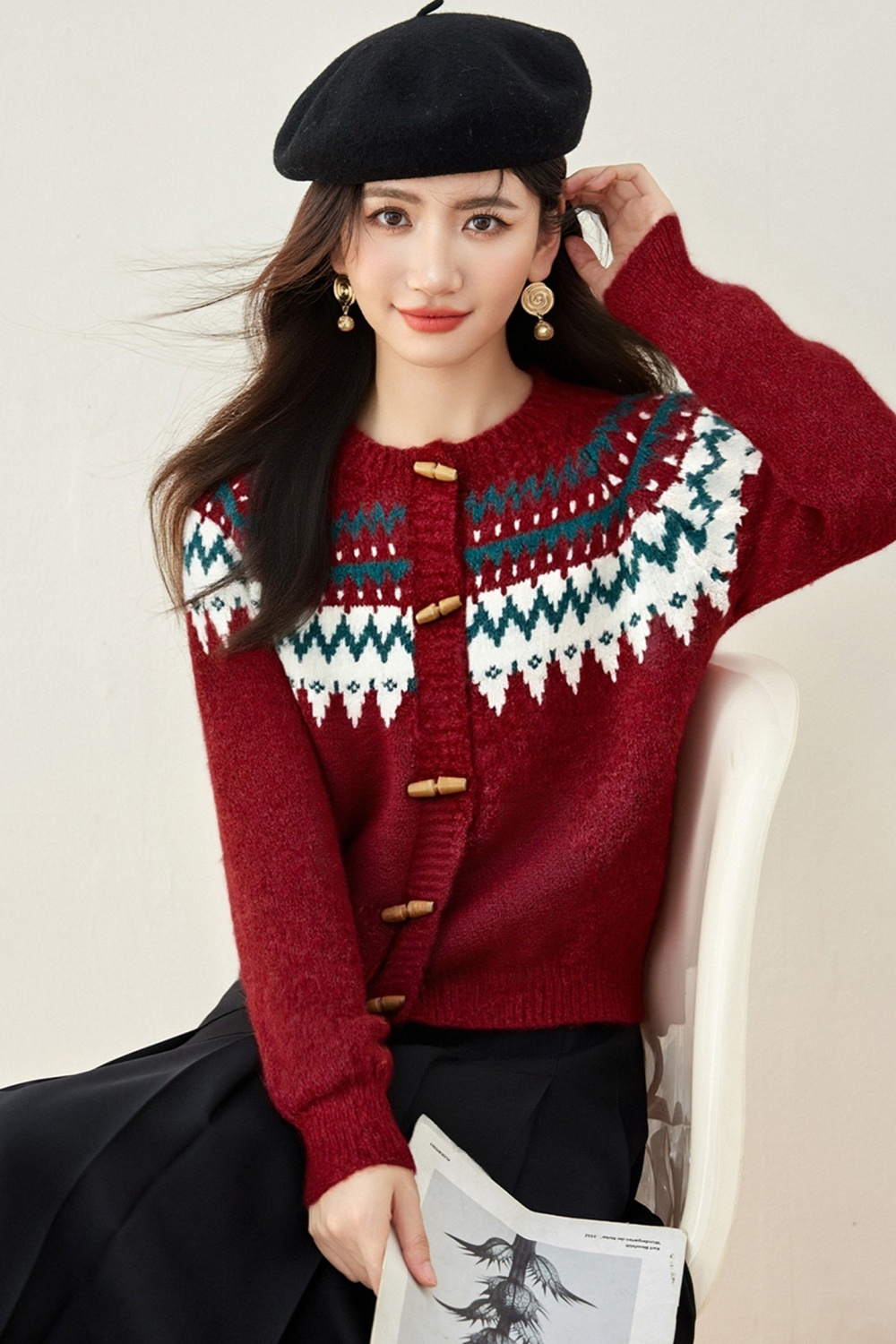 Christmas mixed colors horn buckle retro sweater for women