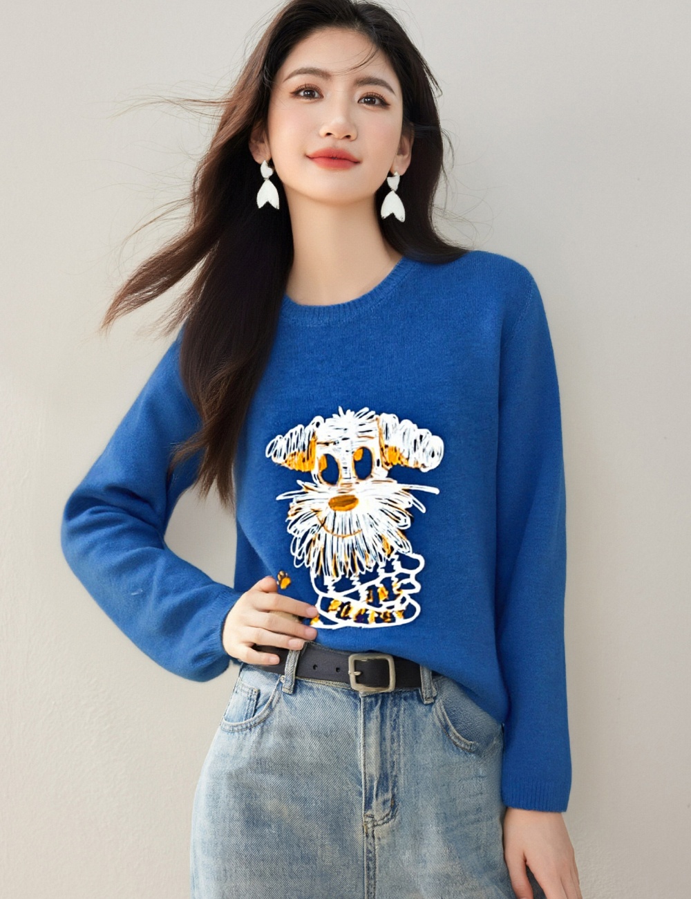 Embroidery autumn and winter sweater blue tops for women