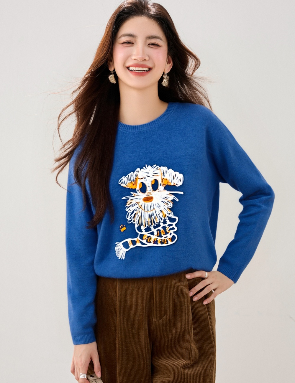 Embroidery autumn and winter sweater blue tops for women