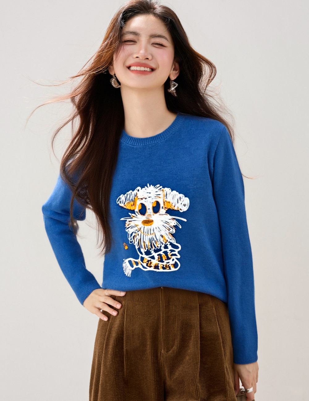 Embroidery autumn and winter sweater blue tops for women
