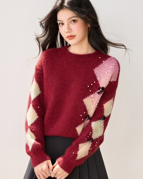 Quilted bow loose beading mixed colors sweater