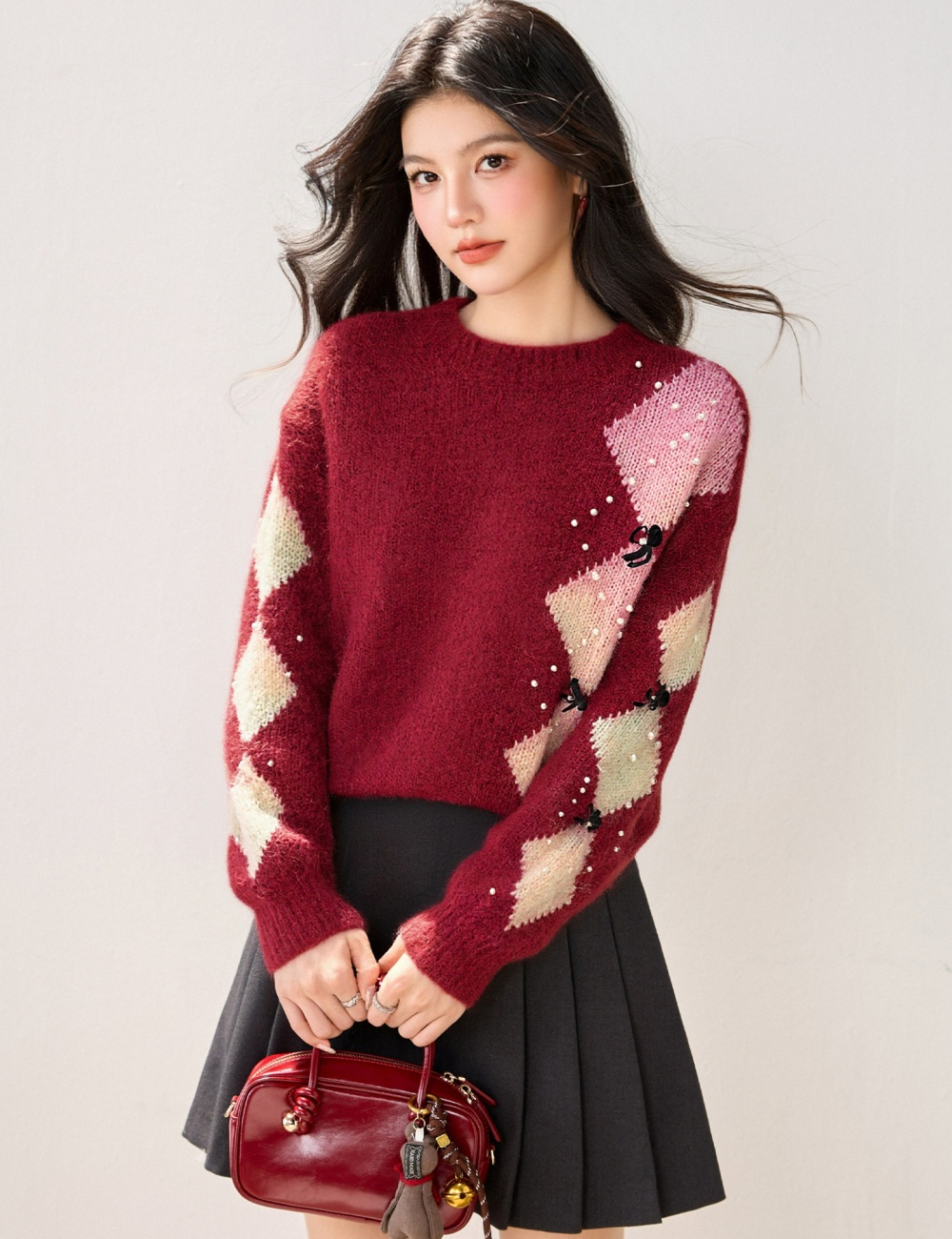 Quilted bow loose beading mixed colors sweater
