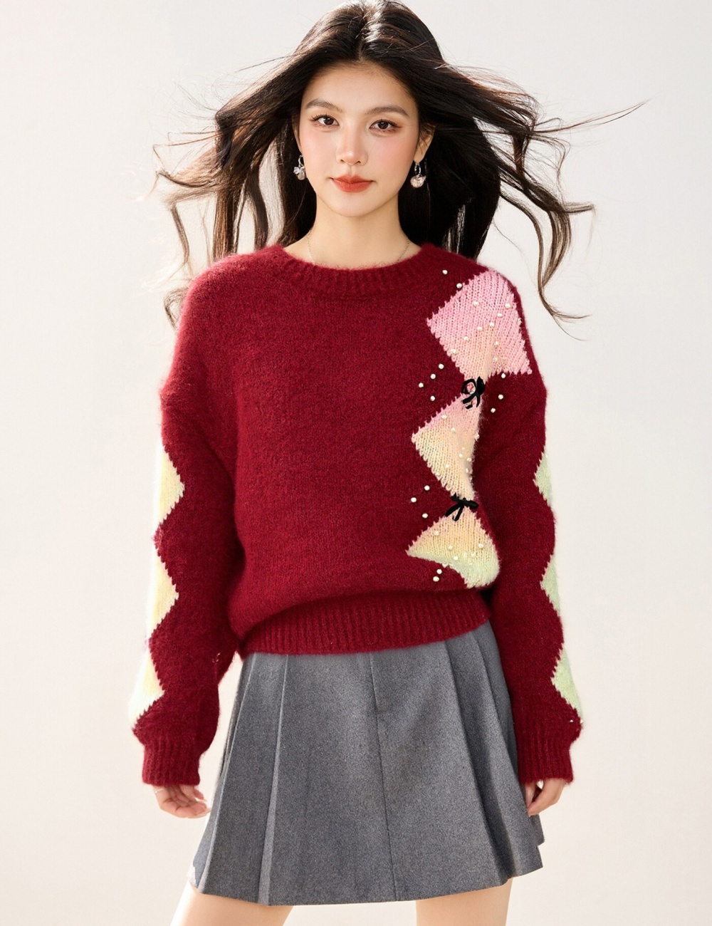 Quilted bow loose beading mixed colors sweater