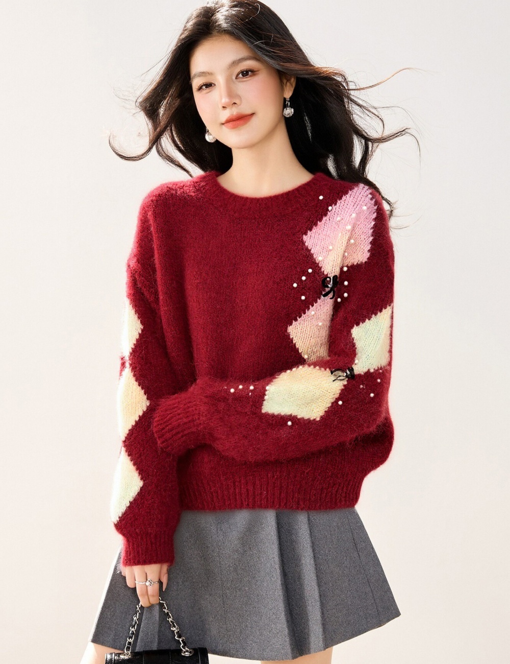 Quilted bow loose beading mixed colors sweater