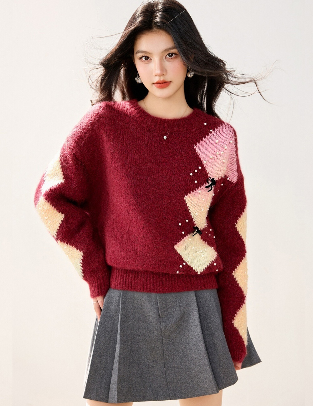 Quilted bow loose beading mixed colors sweater