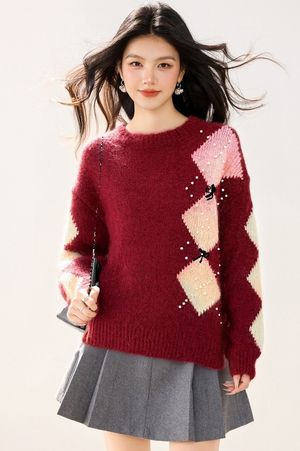 Quilted bow loose beading mixed colors sweater