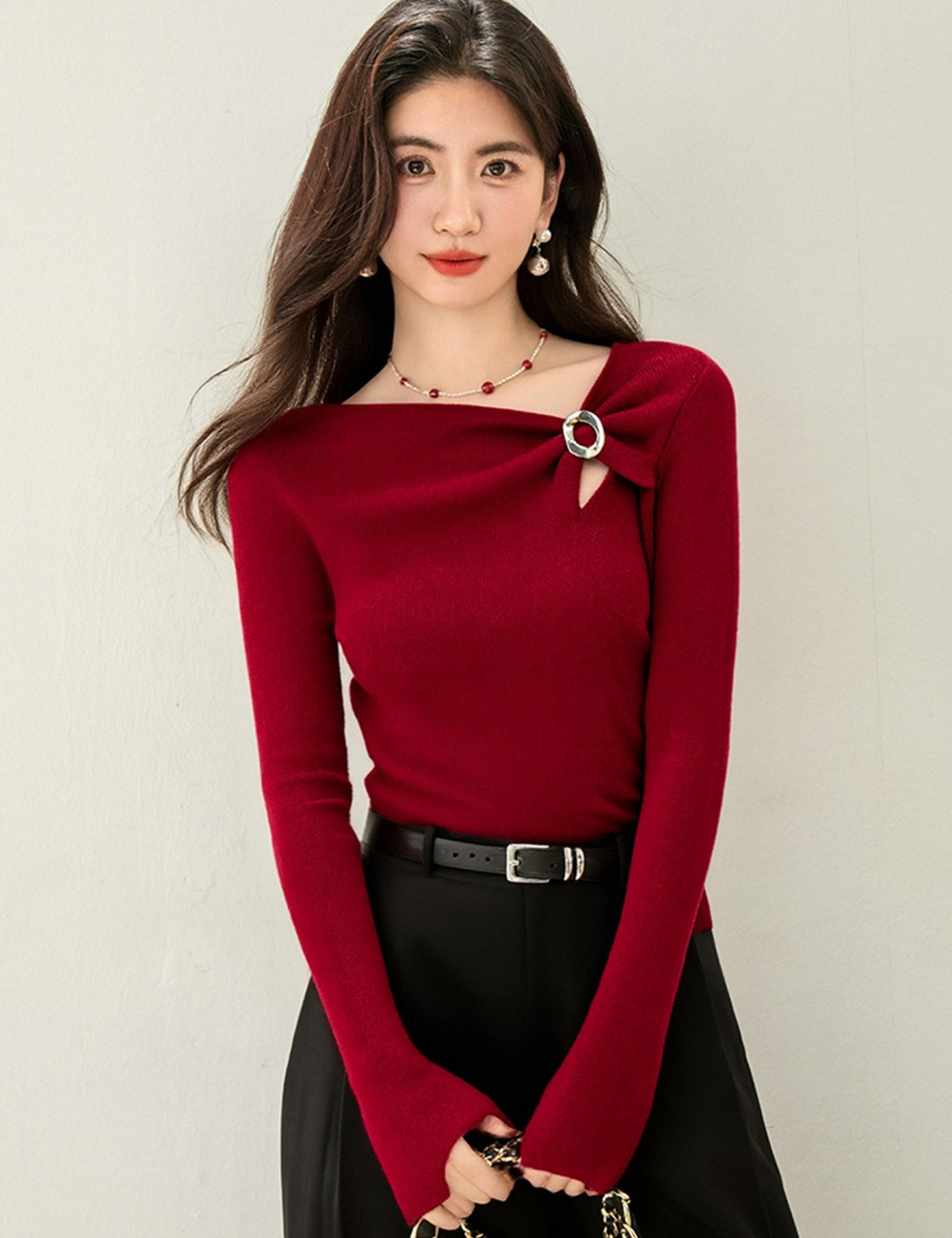 France style sweater oblique collar tops for women