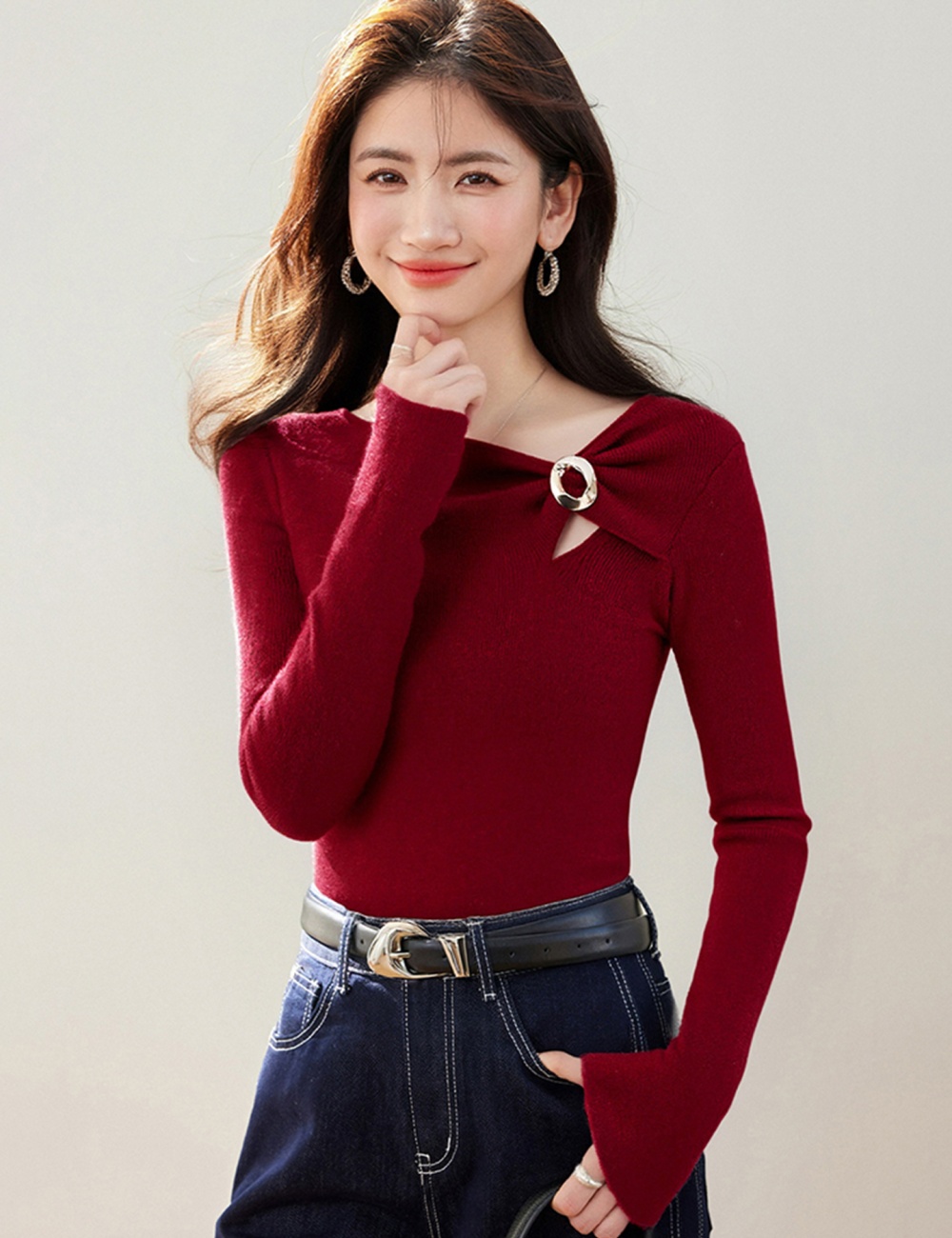 France style sweater oblique collar tops for women