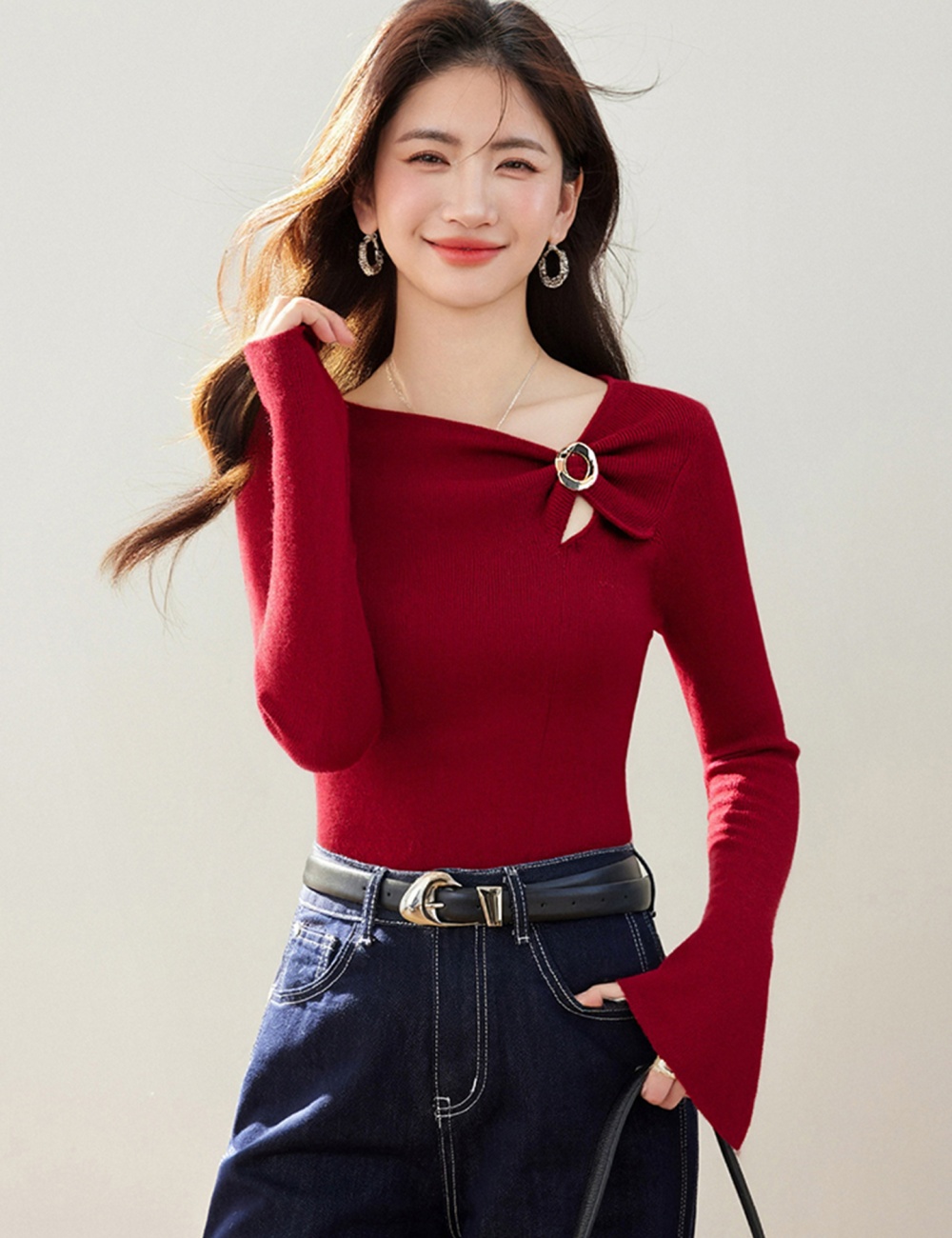 France style sweater oblique collar tops for women