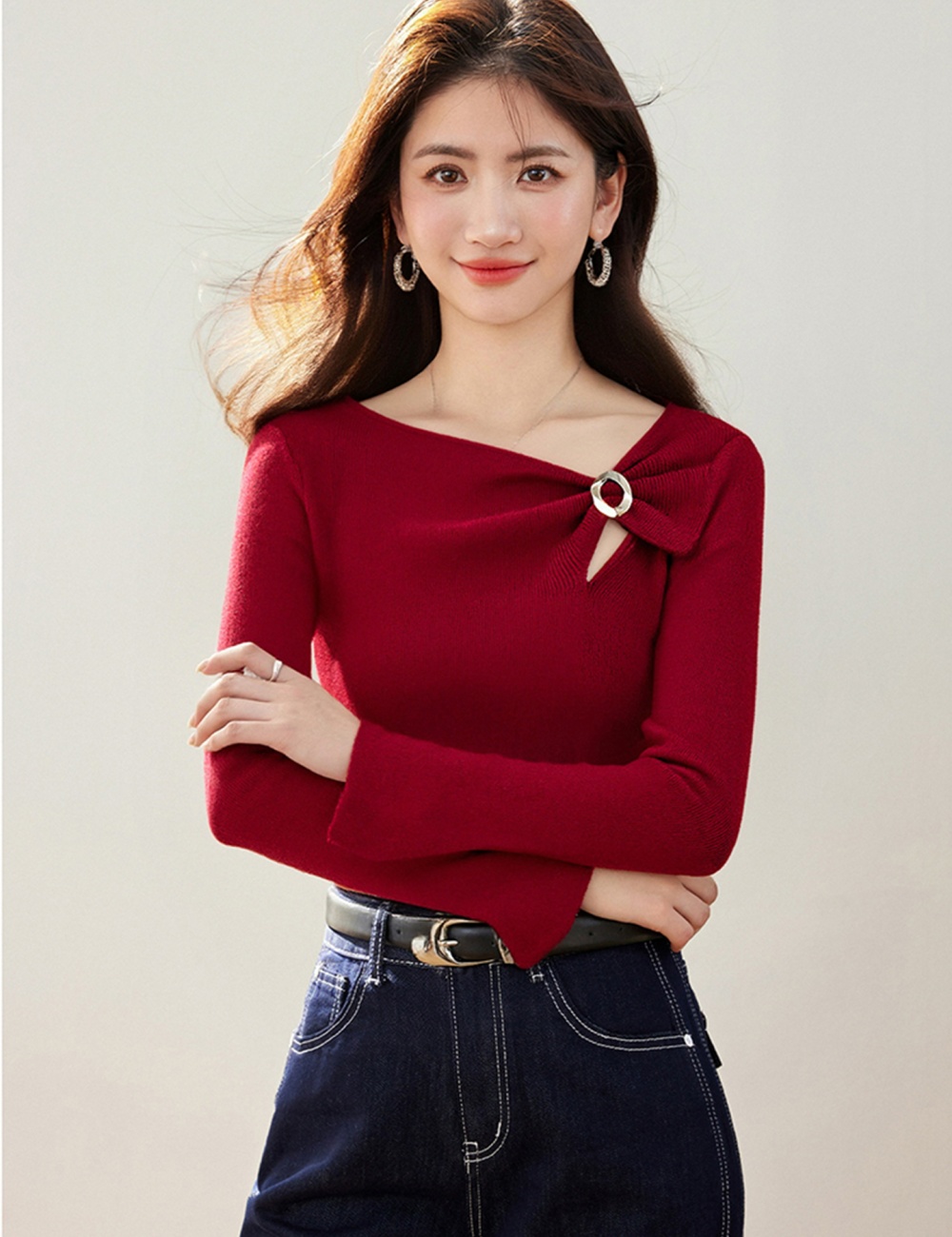 France style sweater oblique collar tops for women