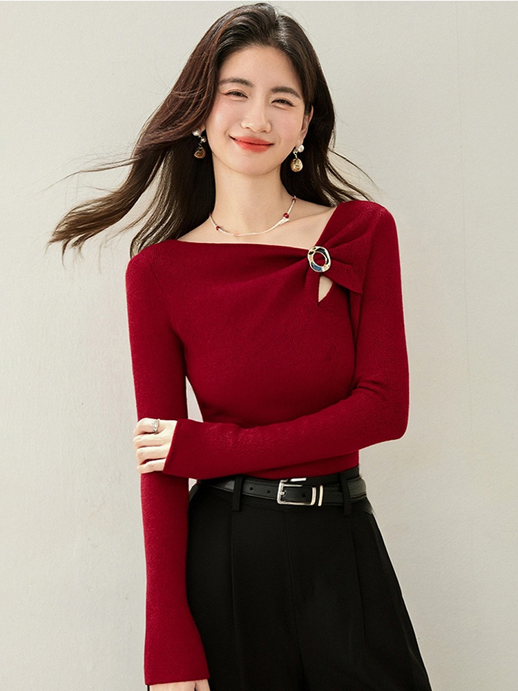France style sweater oblique collar tops for women