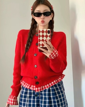 Knitted splice red sweater autumn and winter short coat