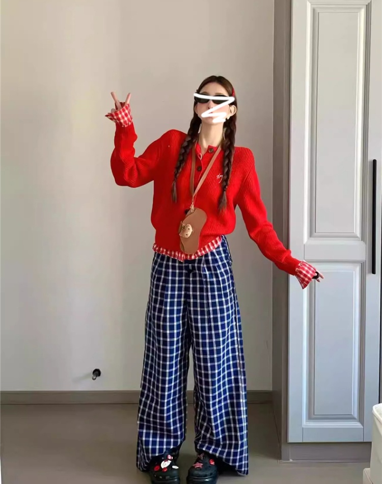 Knitted splice red sweater autumn and winter short coat