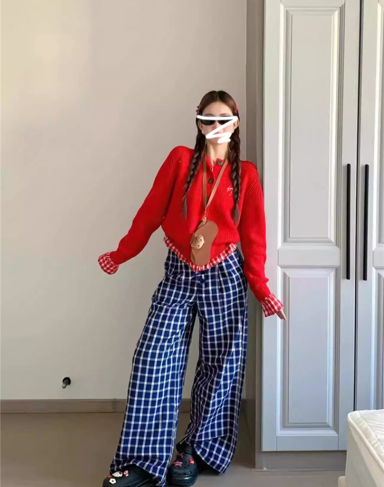 Knitted splice red sweater autumn and winter short coat