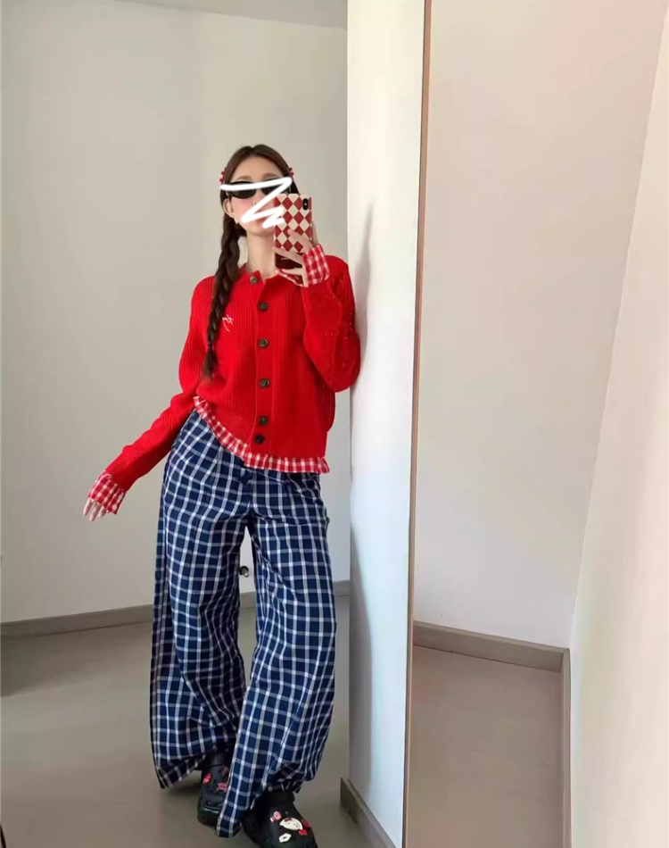 Knitted splice red sweater autumn and winter short coat