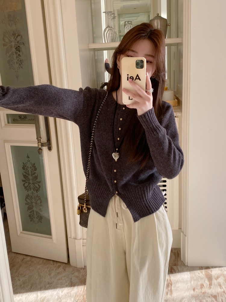 Short all-match slit sweater knitted slim tender cardigan