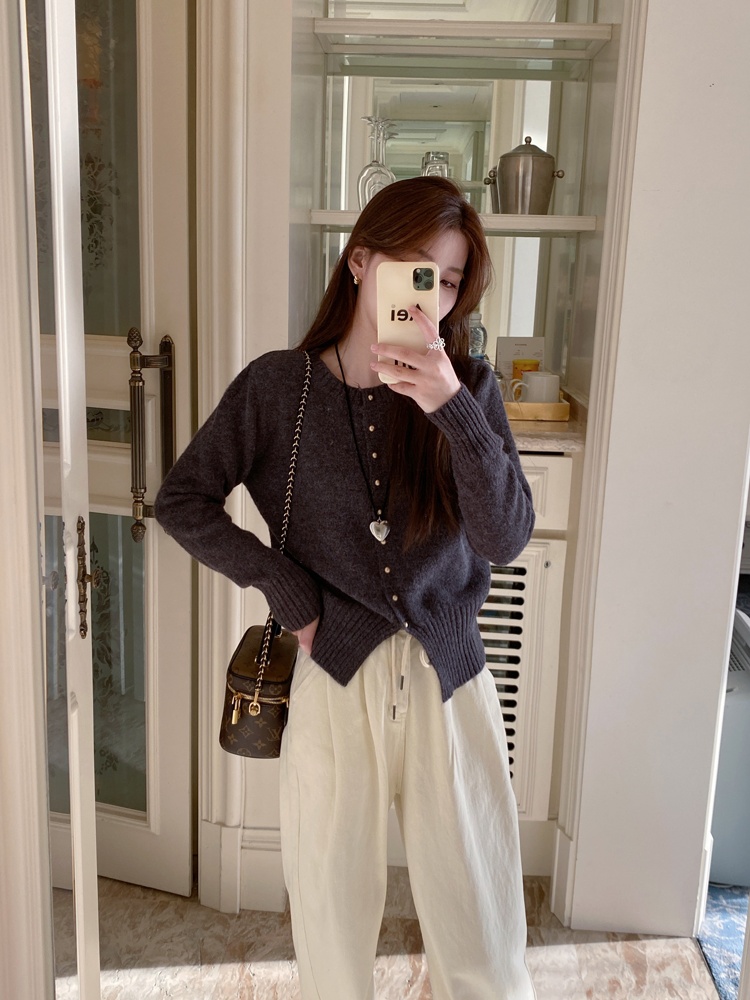 Short all-match slit sweater knitted slim tender cardigan