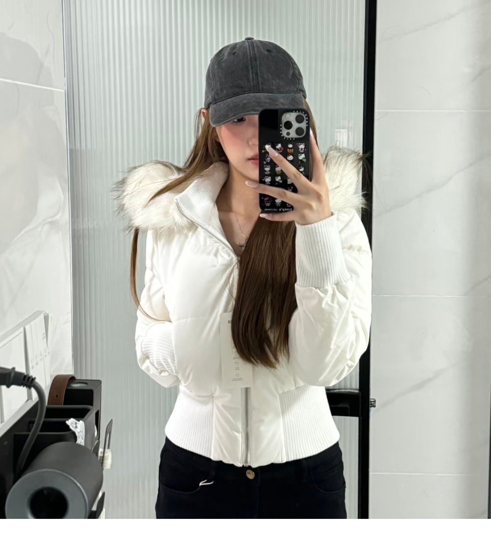 Winter pink coat short large fur collar down coat for women