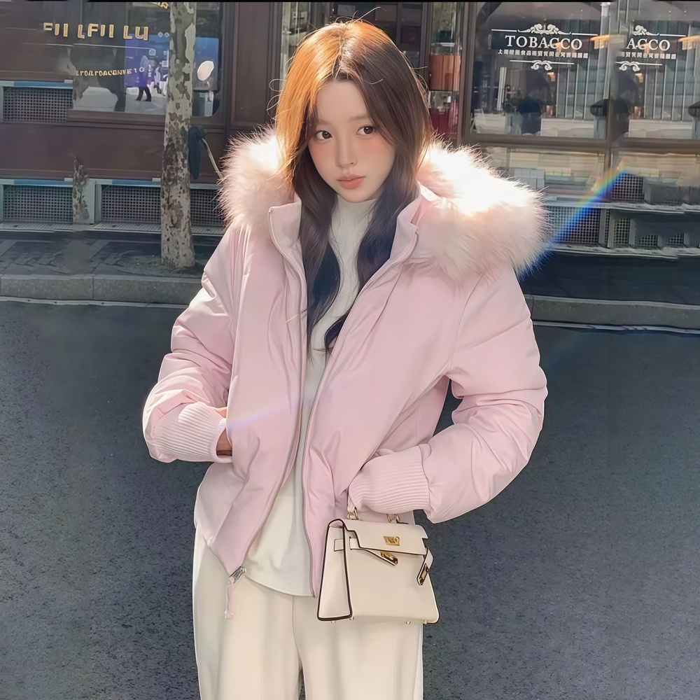 Winter pink coat short large fur collar down coat for women