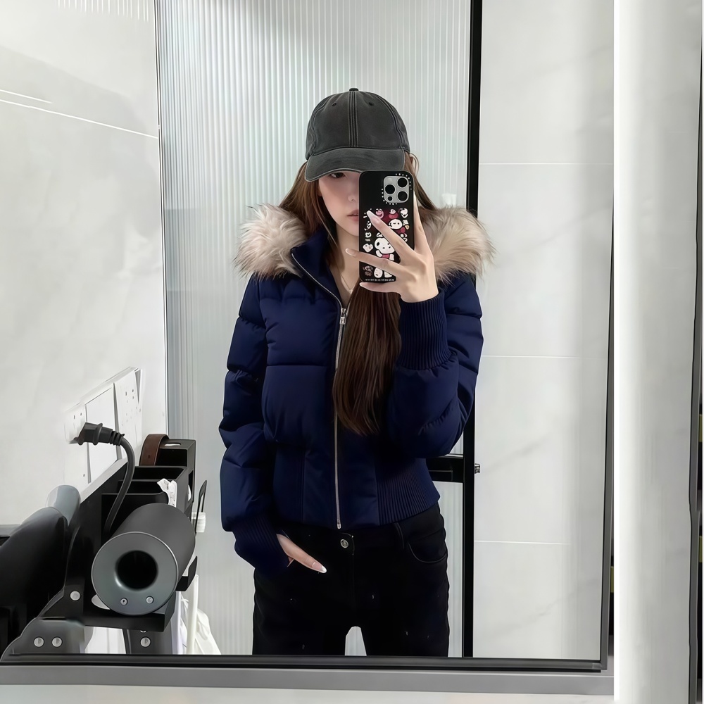 Winter pink coat short large fur collar down coat for women