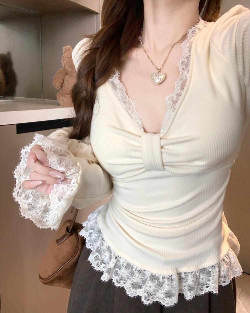 Splice lace bottoming shirt long sleeve enticement tops