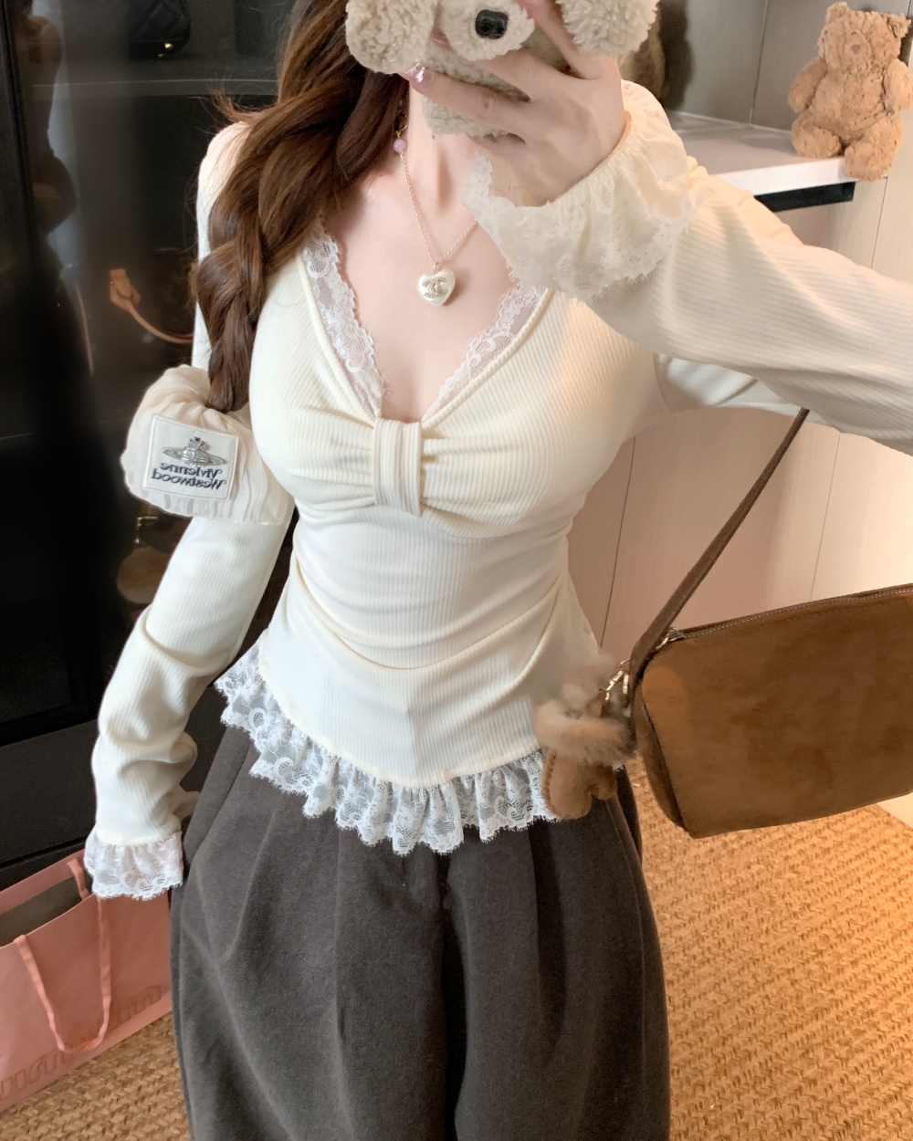 Splice lace bottoming shirt long sleeve enticement tops