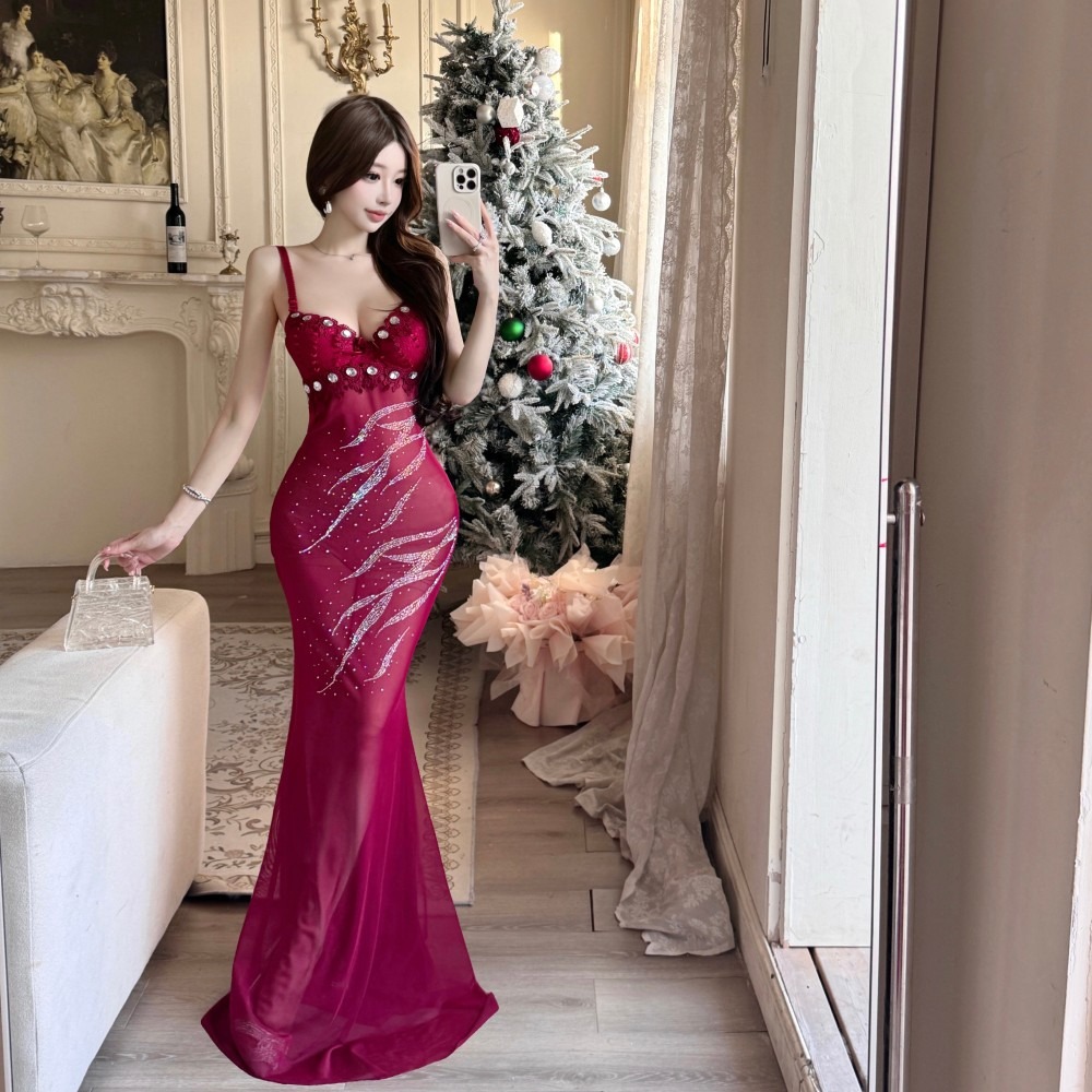 Split V-neck slim night show temperament sling sexy dress