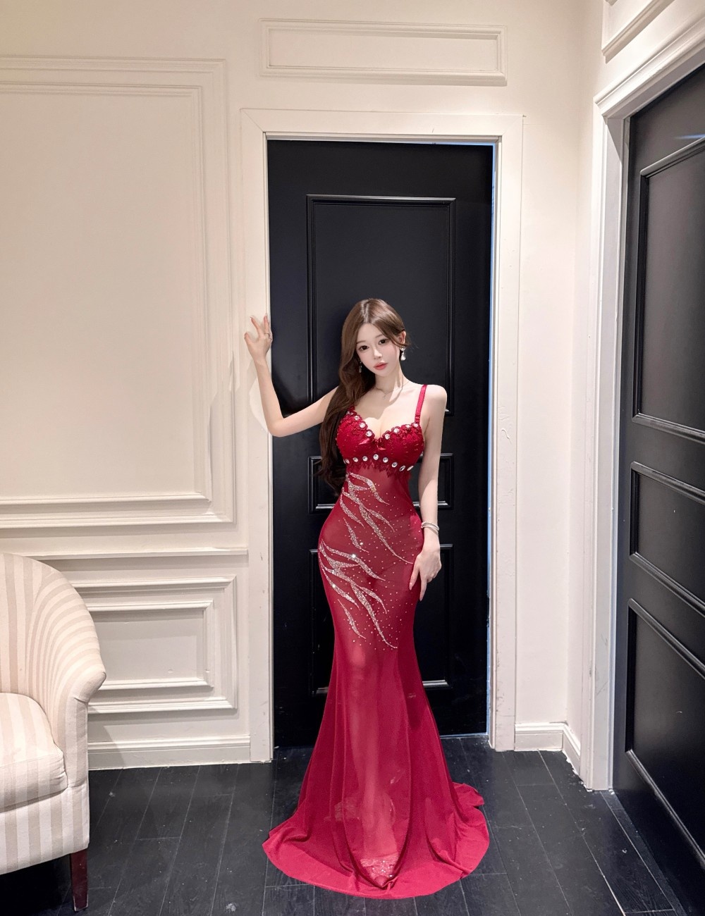 Split V-neck slim night show temperament sling sexy dress