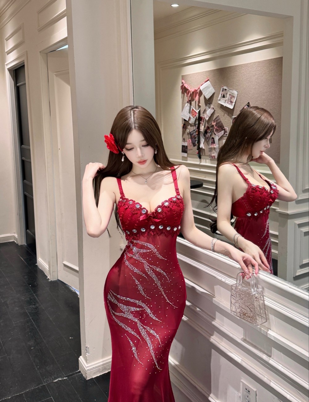 Split V-neck slim night show temperament sling sexy dress