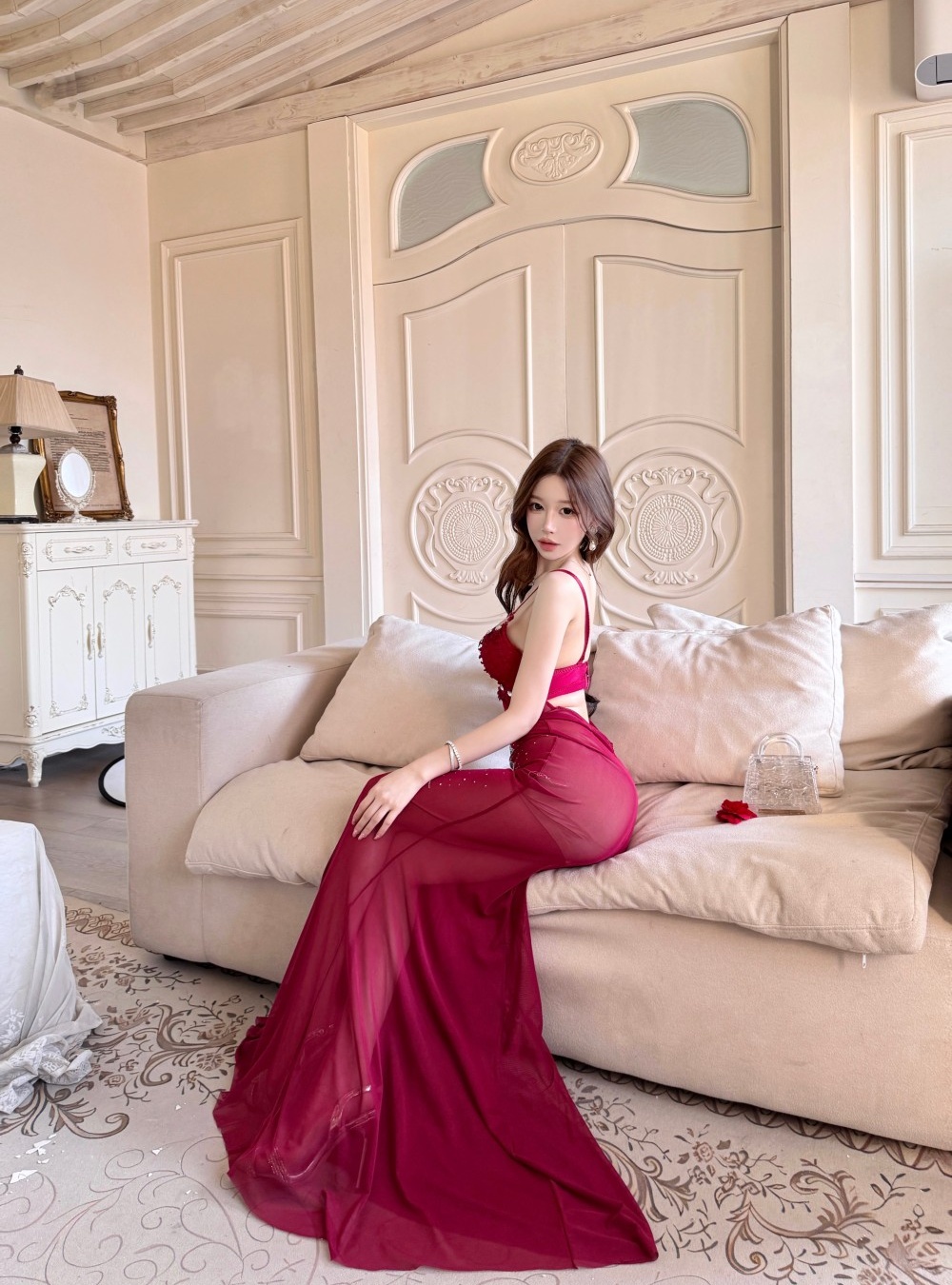 Split V-neck slim night show temperament sling sexy dress