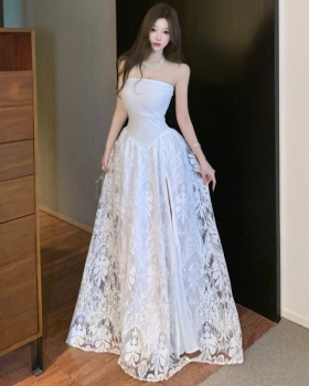 Lace jacquard wrapped chest France style split dress