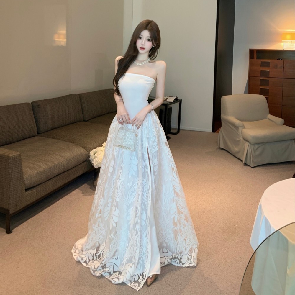 Lace jacquard wrapped chest France style split dress