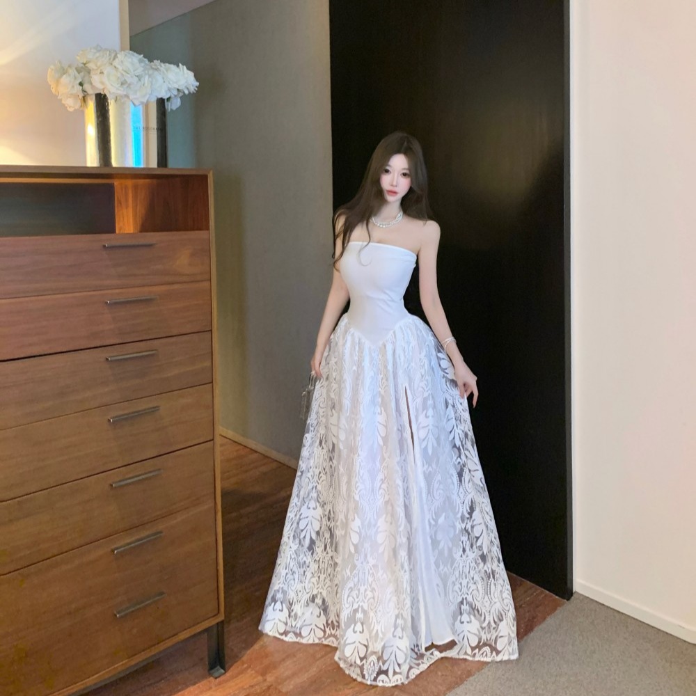 Lace jacquard wrapped chest France style split dress