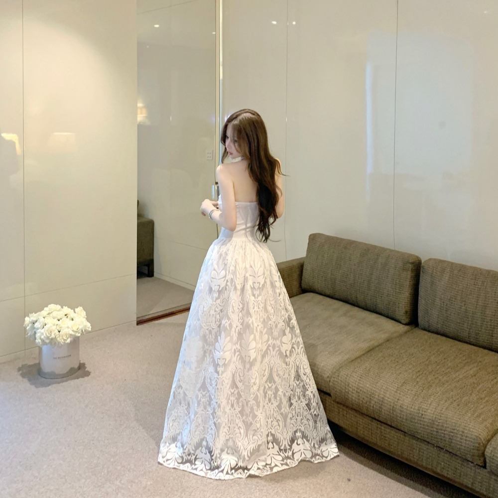 Lace jacquard wrapped chest France style split dress