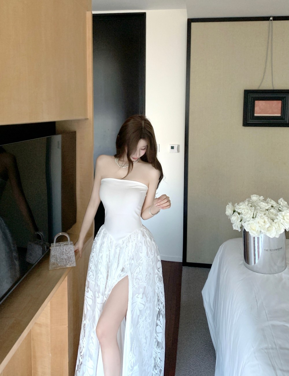 Lace jacquard wrapped chest France style split dress