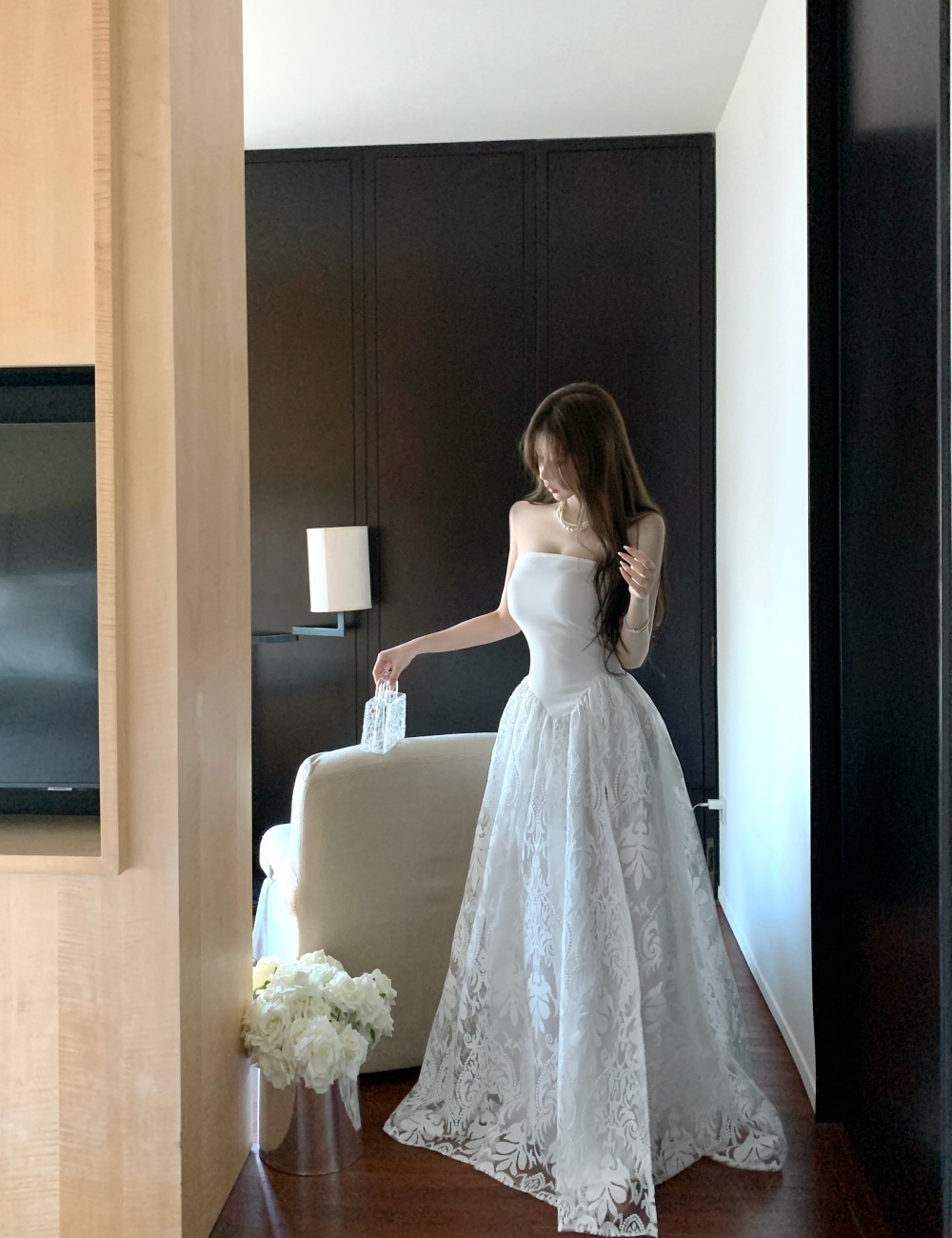 Lace jacquard wrapped chest France style split dress